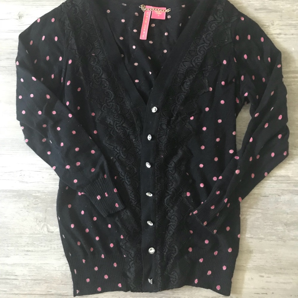 Betsy Johnson black pink polka dot cardigan